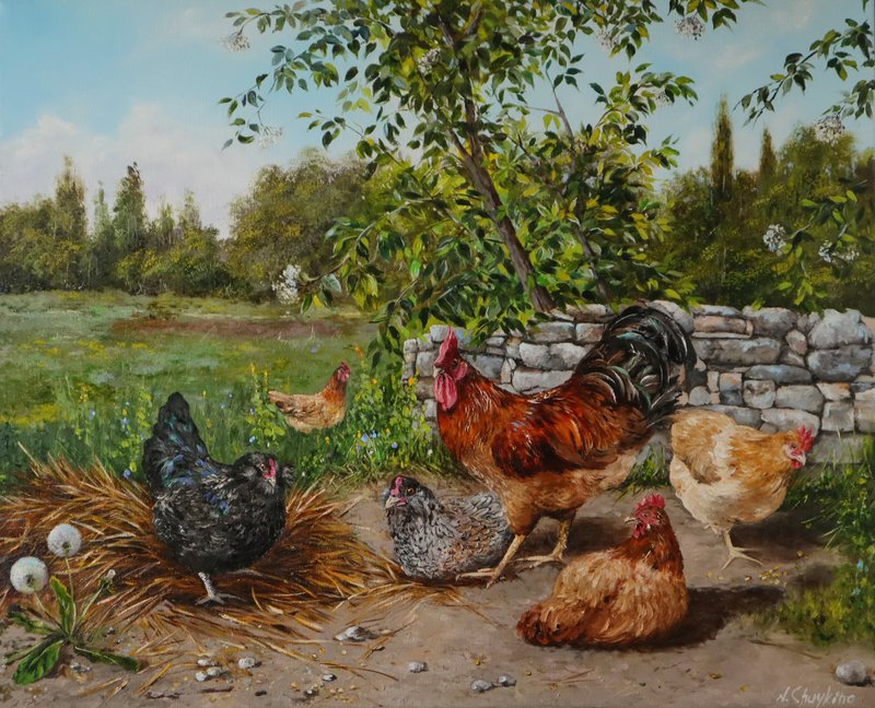 Original Oil Painting Chickens in the Backyard , Farm Animals - ตกแต่งผนัง - วัสดุอื่นๆ 