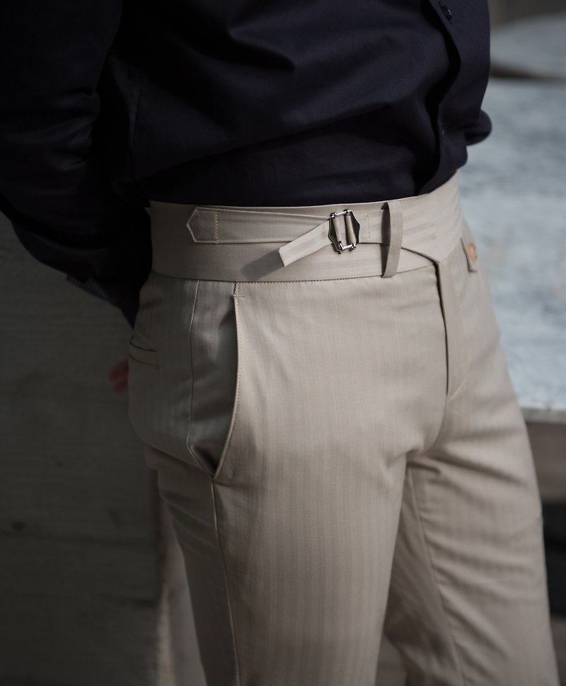 Beige - belt waist tailored trousers - Men's Pants - Cotton & Hemp Khaki