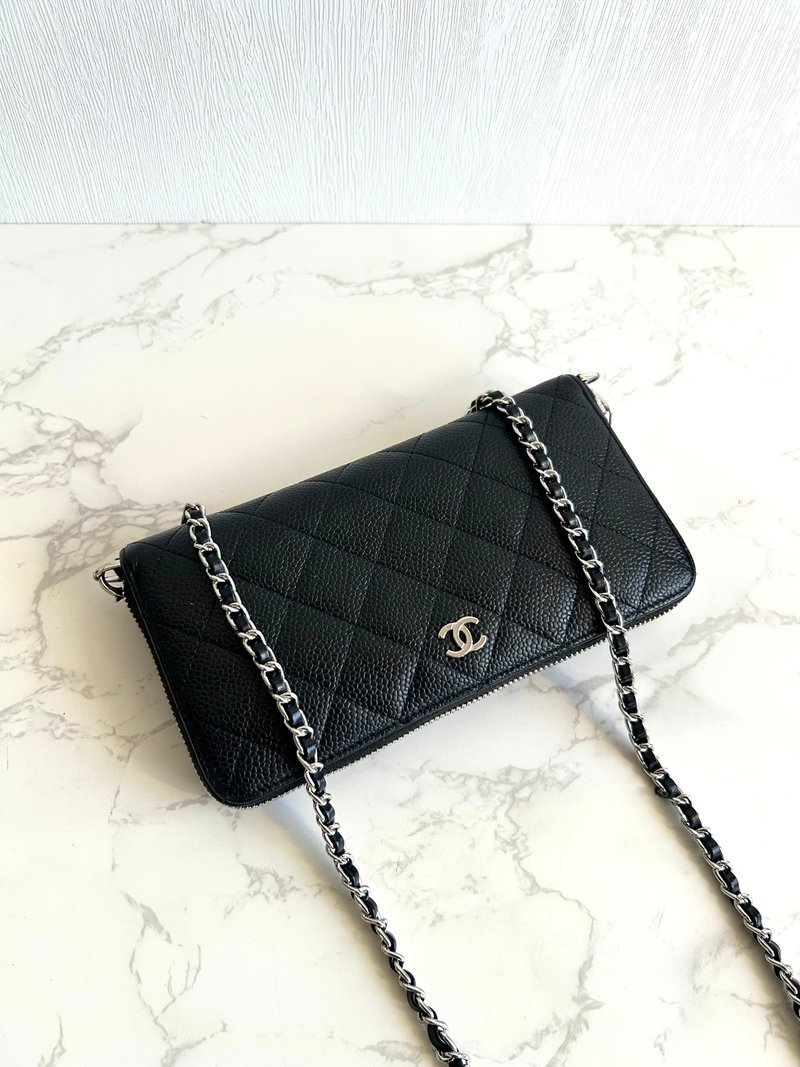 中古二手Chanel黑色魚子醬皮革WOC長夾錢包斜背側孭單肩小包手袋 - 側背包/斜背包 - 真皮 黑色