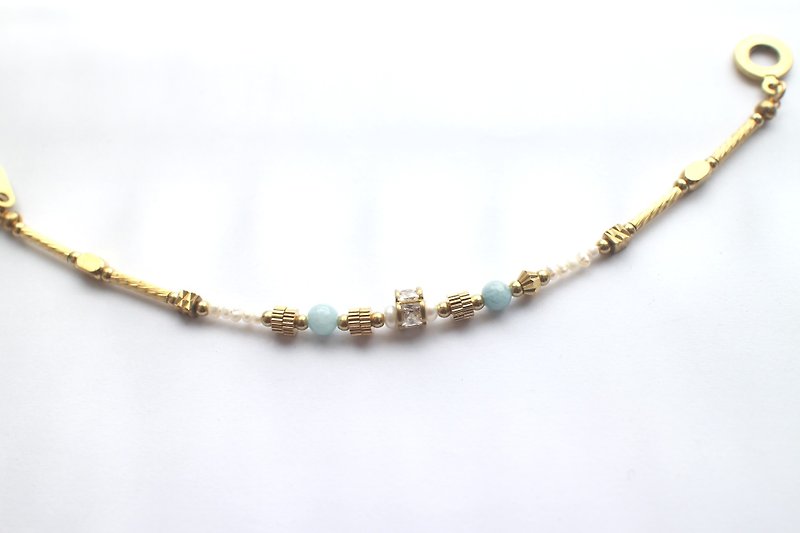 Good day- Aquamarine  zircon pearl brass handmade bracelet - Bracelets - Gemstone Multicolor