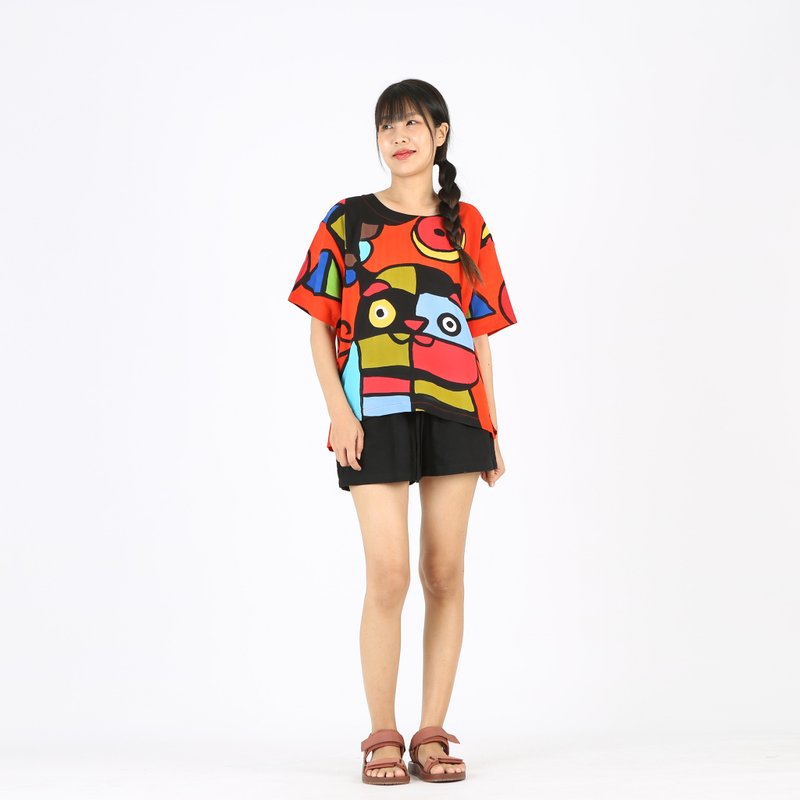 Abstract Cotton Rayon Kimono Blouse Hand Paint Free Size - 女上衣/長袖上衣 - 棉．麻 橘色