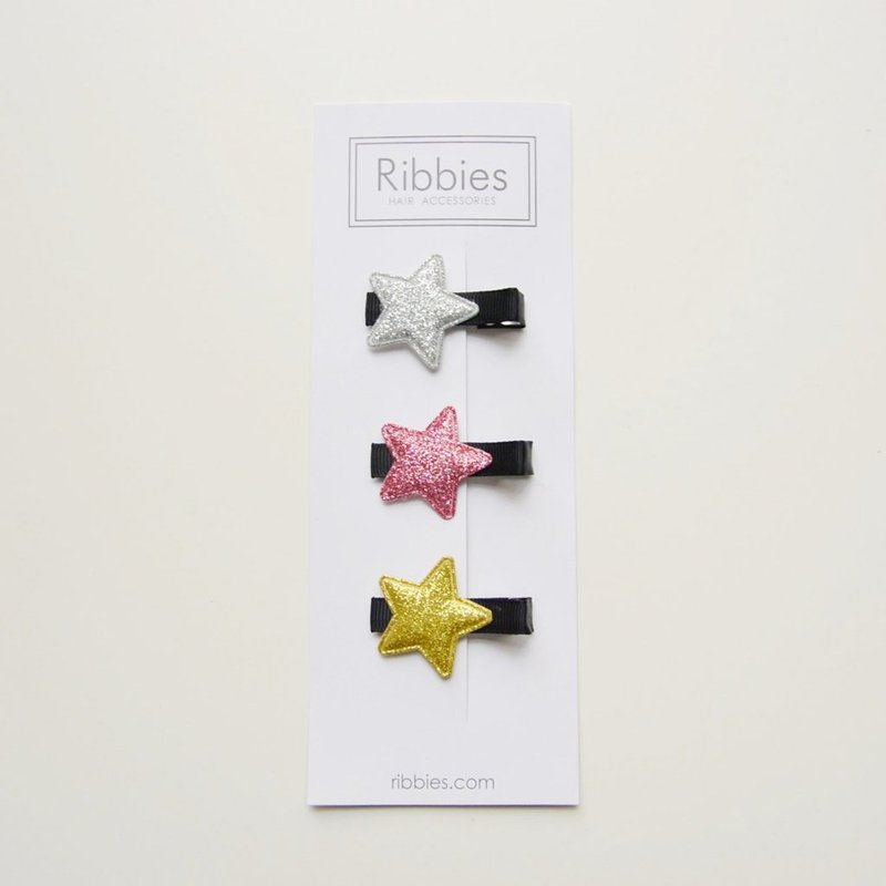 英國Ribbies 閃亮/粉紅/金星星3入組-黑底 - 髮圈/髮夾 - 聚酯纖維 