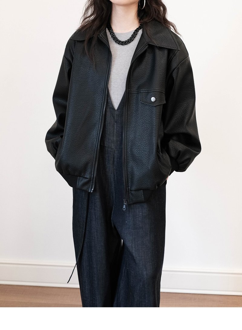 復古寬肩美式街頭拉鏈PU皮衣外套女寬松機車服 - 女大衣/外套 - 人造皮革 