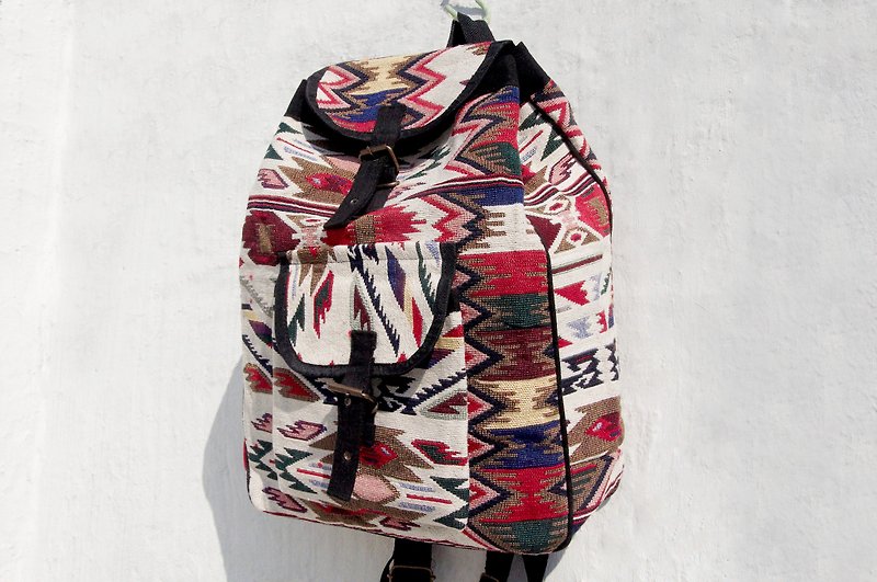 After the hand-knitted fabric stitching design backpack / shoulder bag / backpack after ethnic / Boho national totem package - Moroccan carpet wind hit the color geometric ethnic Backpack - กระเป๋าเป้สะพายหลัง - ผ้าฝ้าย/ผ้าลินิน หลากหลายสี