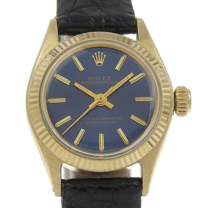 【日本直送】ロレックス ROLEX オイスターパーペチュアル 腕時計 6619 自動巻き YG×型押しレザー ネイビー文字盤 レディース【中古】 - 女錶 - 貴金屬 藍色