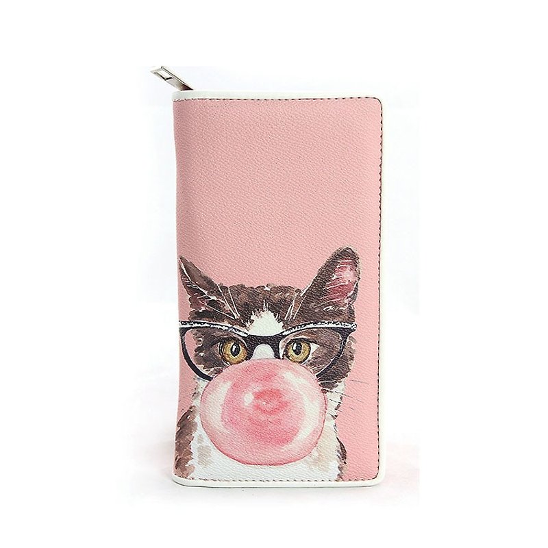Ashley. M - Bubble Gum Cat in Vintage Glasses Wallet - pink color - กระเป๋าสตางค์ - หนังเทียม สึชมพู