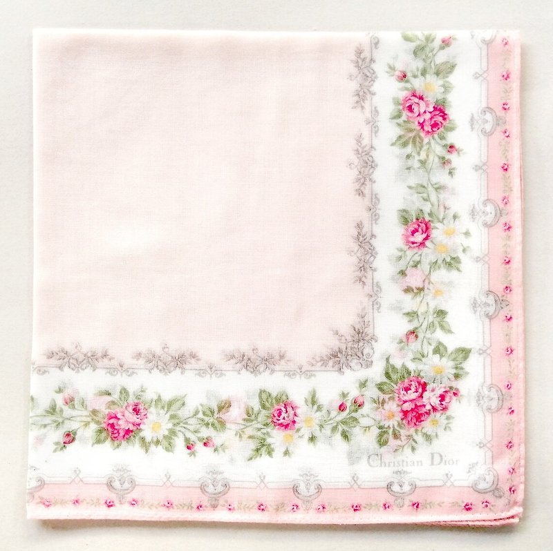 Christian Dior Vintage Handkerchief Floral Pink 19 x 19 inches - ผ้าเช็ดหน้า - ผ้าฝ้าย/ผ้าลินิน สึชมพู