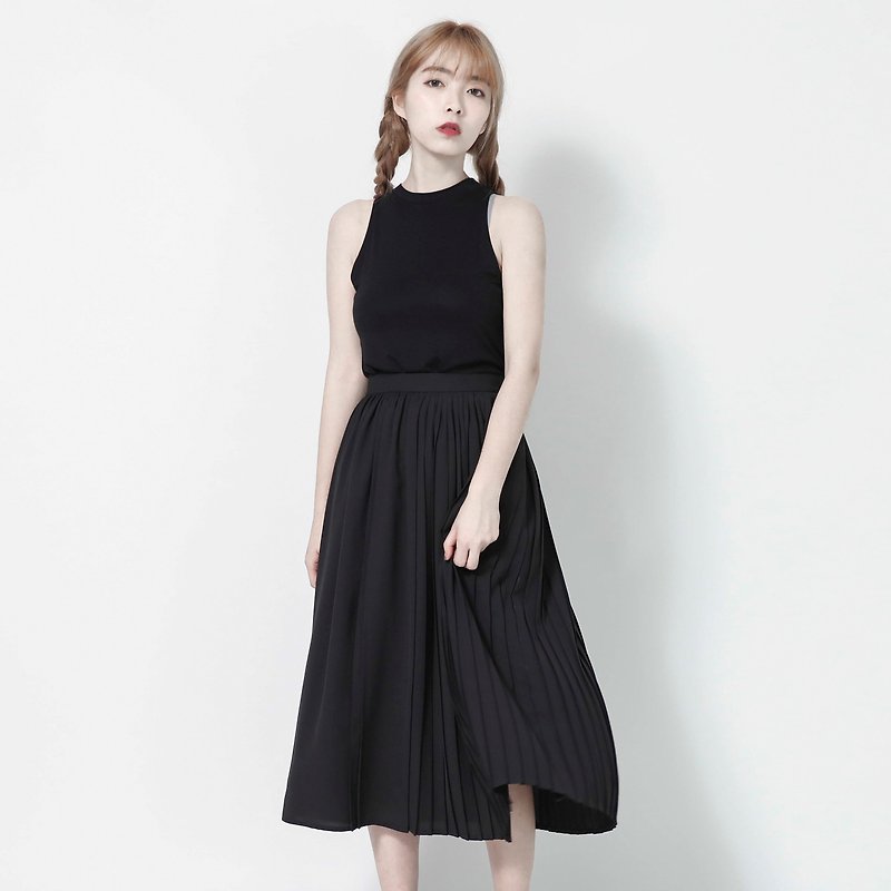 Asymmetry_medium asymmetric pleated skirt_7SF151_black - กระโปรง - ผ้าฝ้าย/ผ้าลินิน สีดำ