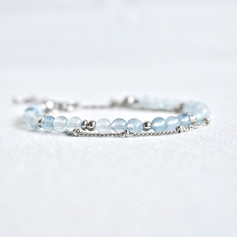 ll 4mm aquamarine steel bracelet ll natural stone bracelet double chain bracelet aquamarine - สร้อยข้อมือ - เครื่องประดับพลอย สีน้ำเงิน