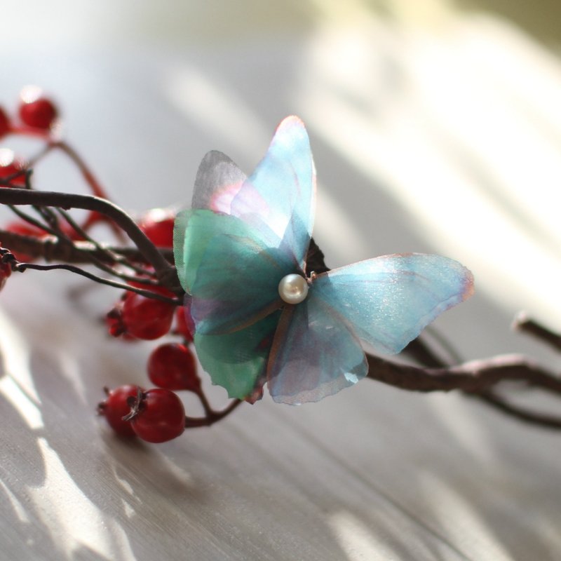 Butterfly tulle ring & natural freshwater pearl (925 half Silver adjustable open ring) ring - General Rings - Silk Blue