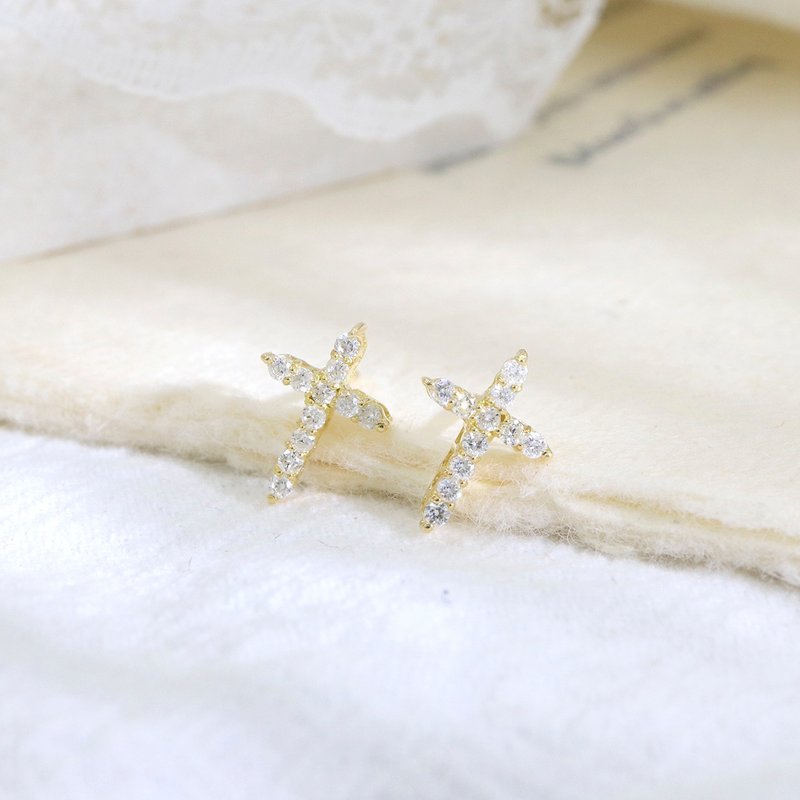 Kimura Light Jewelry/18K Gold/Diamond Cross Earrings - ต่างหู - เครื่องประดับ สีทอง