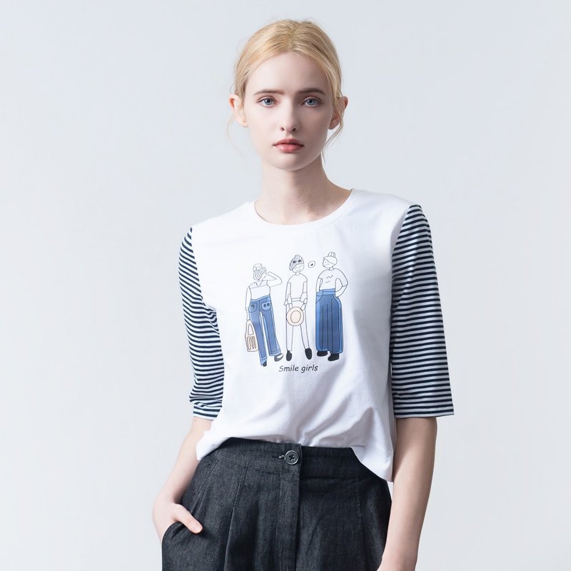 【MEDUSA】可愛女孩插畫條紋拼袖T恤(M-XL) | 女短袖T恤 休閒上衣 - 女 T 恤 - 棉．麻 白色