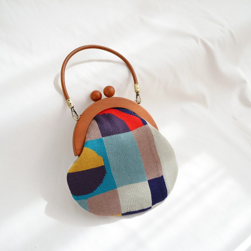 Christmas geometric color block contrast color sweater solid wood leather wallet - กระเป๋าแมสเซนเจอร์ - ขนแกะ สีแดง
