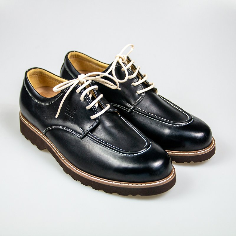 Round toe moccasin derby men's shoes/black/128E last - รองเท้าหนังผู้ชาย - หนังแท้ สีดำ