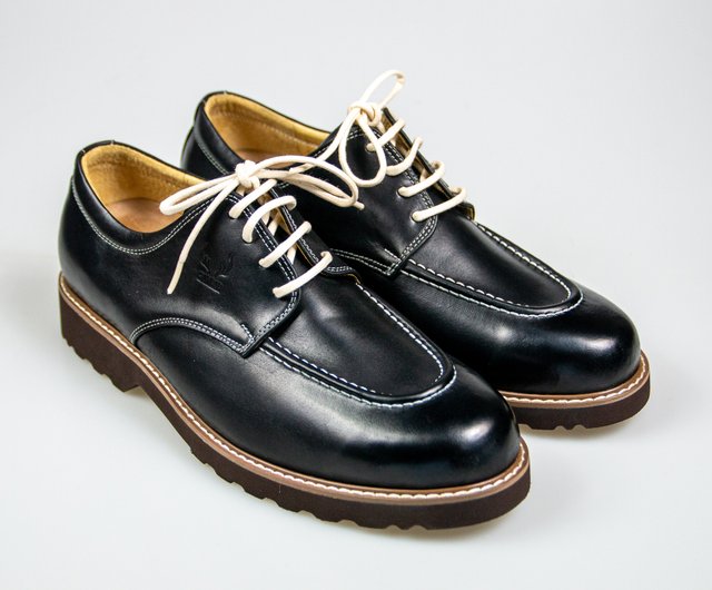 Round toe moccasin derby men's shoes/black/128E last - Shop