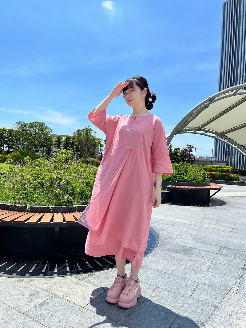 織足-多層次純棉洋裝 - 連身裙 - 棉．麻 粉紅色