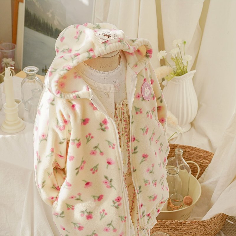 long - flower cream cute fleece long zip-up hood - 男/女童外套 - 其他材質 多色