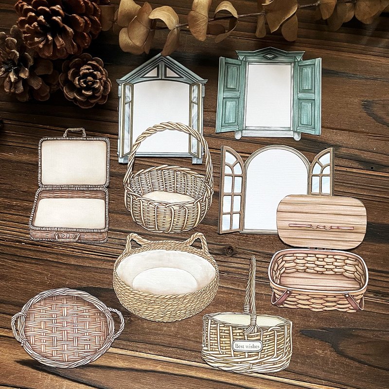 Window & Frame, Basket & Basket, Basket & Bottle / Postcard Sticker Set - มาสกิ้งเทป - กระดาษ 