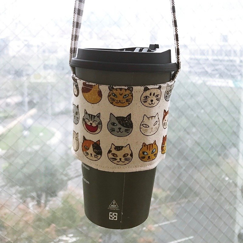 Wen Qingfeng environmental protection tote bag ~ super love cat handmade double-sided environmental protection beverage bag absorbent hand cup coffee bag exchange gift - Beverage Holders & Bags - Paper White