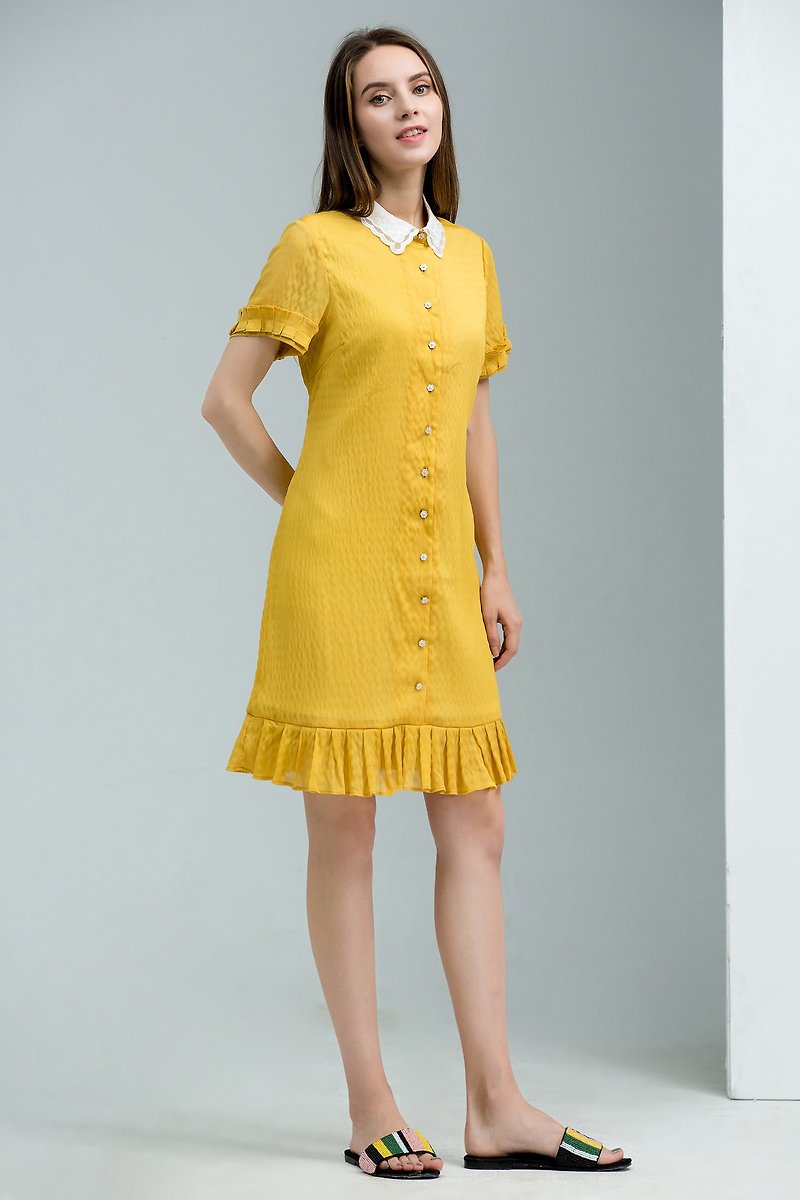 NEGA C. Lace Collar Shirt Dress - One Piece Dresses - Polyester Yellow