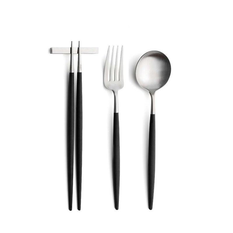 ポルトガル クチポール GOAシリーズブラックハンドル 中華料理3点セット（フォーク、スプーン、箸） - カトラリー - ステンレススチール ブラック