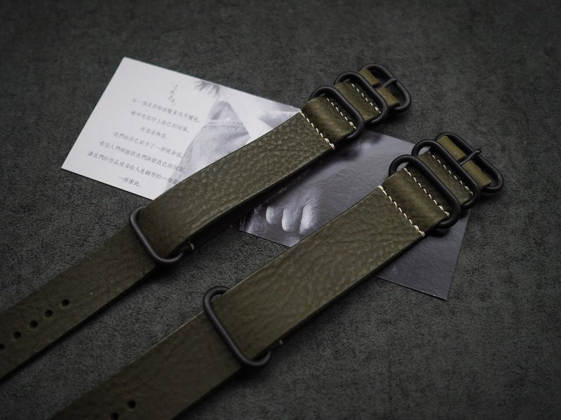 手工牛皮摔紋橄欖綠NATO錶帶 水鬼軍錶適用 顏色款式客製化可刻字 - 錶帶 - 真皮 綠色