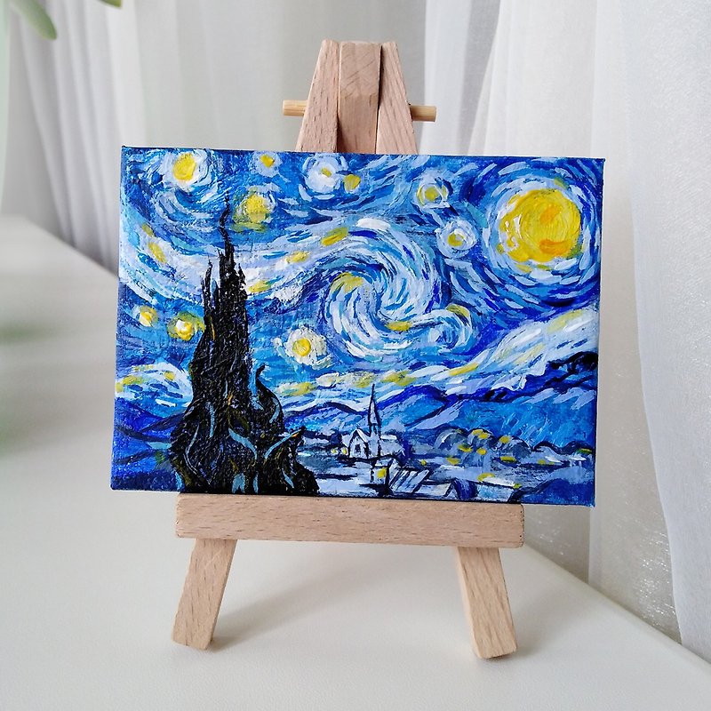 ACEO Original Tiny Painting Canvas by JTar a Van Gogh Starry Night Landscape - Wall Décor - Other Materials Multicolor