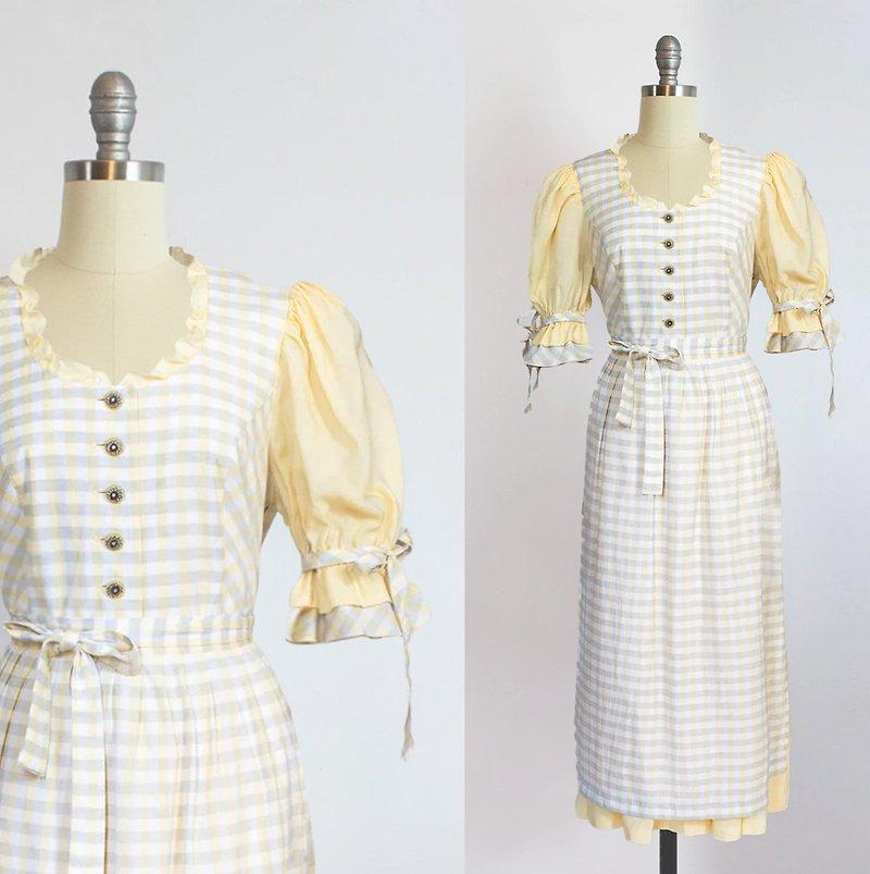 。ms。Vintage Austrian Romantic Plaid Dirndl Folk Apron Dress - One Piece Dresses - Cotton & Hemp Yellow
