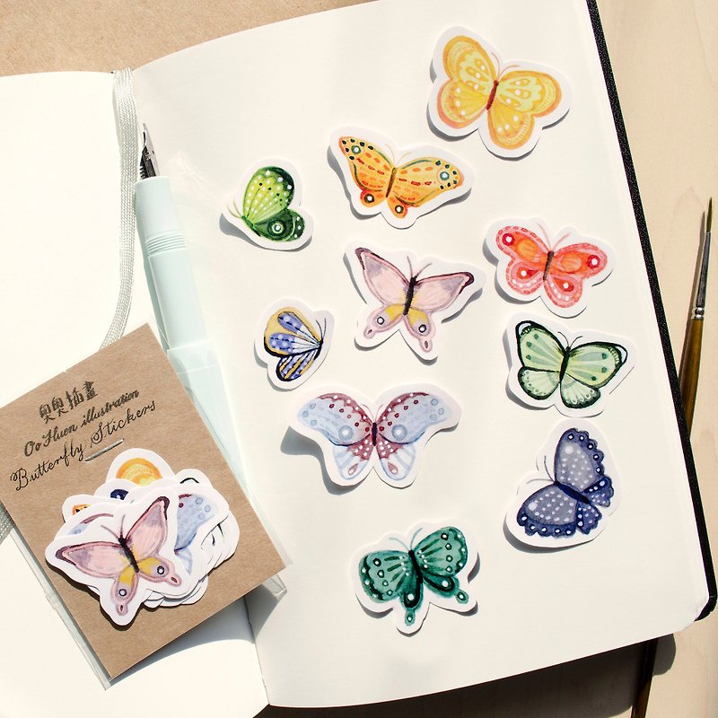 Watercolor illustration "butterfly sticker" (10 pcs) with a butterfly postcard - Stickers - Paper 