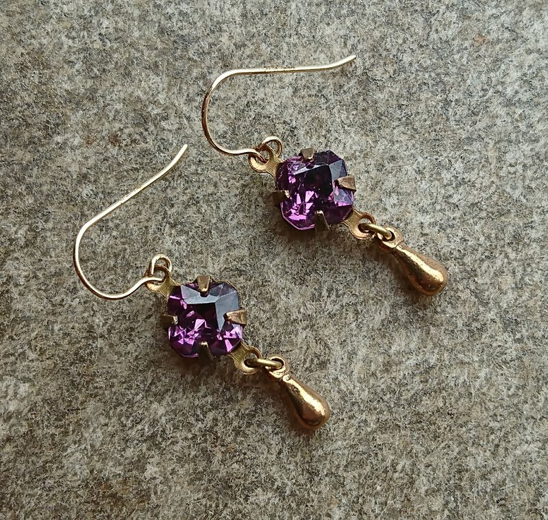 深紫玻璃垂墜耳環 - 耳環/耳夾 - 玻璃 