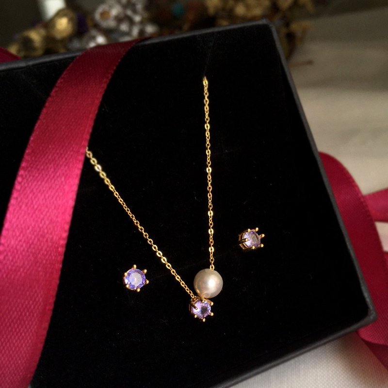 Tanzanite and Akoya Pearl Necklace, December Birthstone,  Necklace Earrings Set - 項鍊 - 珍珠 藍色