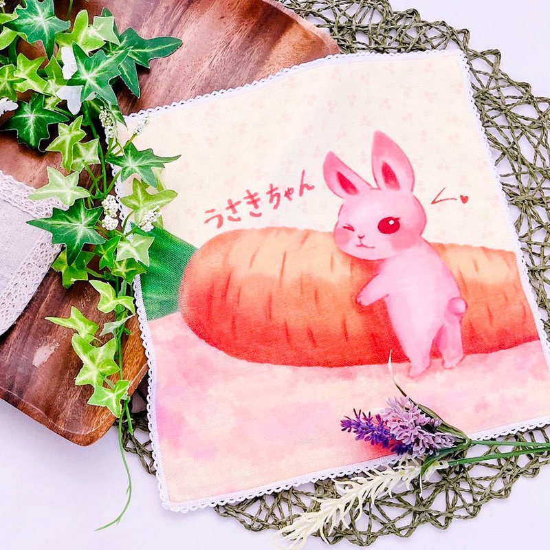 純棉100% MIT不掉色::插畫小方巾-蘿蔔與兔醬 - 手帕 - 棉．麻 橘色