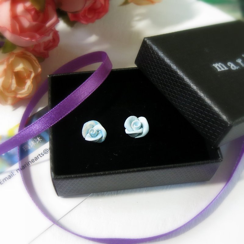 Rose Garden - Blue Rose Earrings Ear Pins or Ear Clips Gift for Her / Handmade - Earrings & Clip-ons - Other Materials Blue