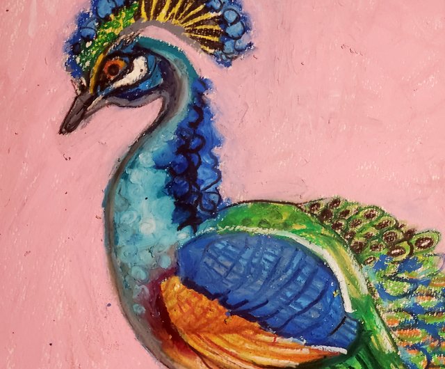 水彩画 孔雀【額付き】 ピーコック クレヨン フレームレス 絵画