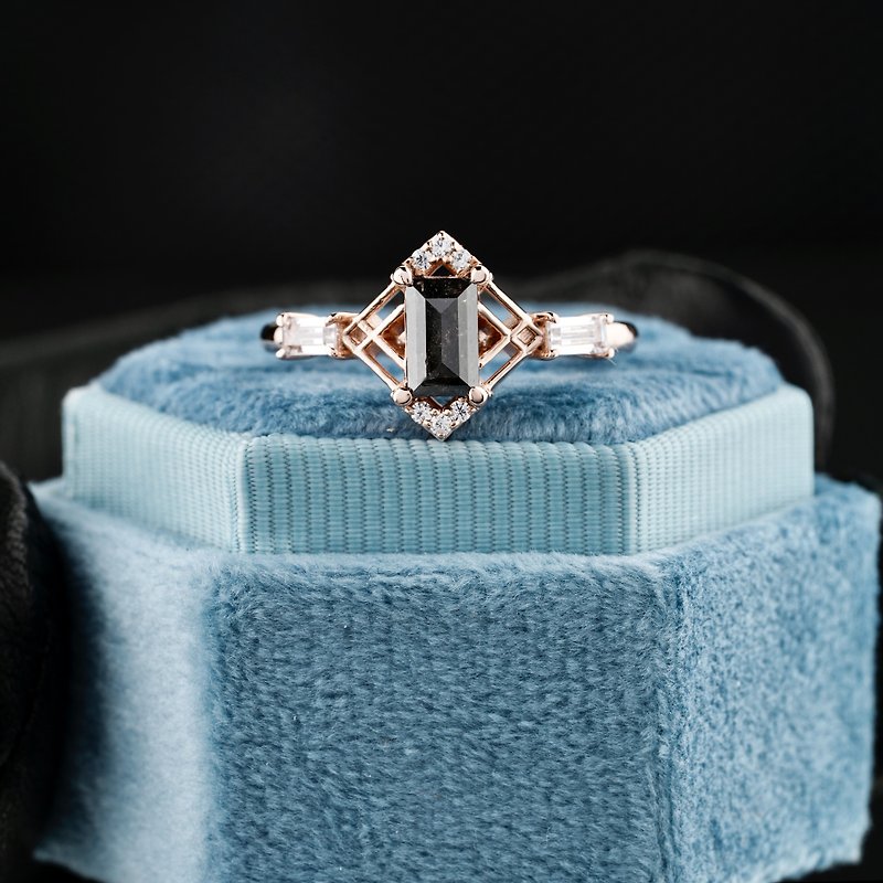 Baguette Salt And Pepper Diamond Ring, Rose Gold Anniversary Ring,Ring For Women