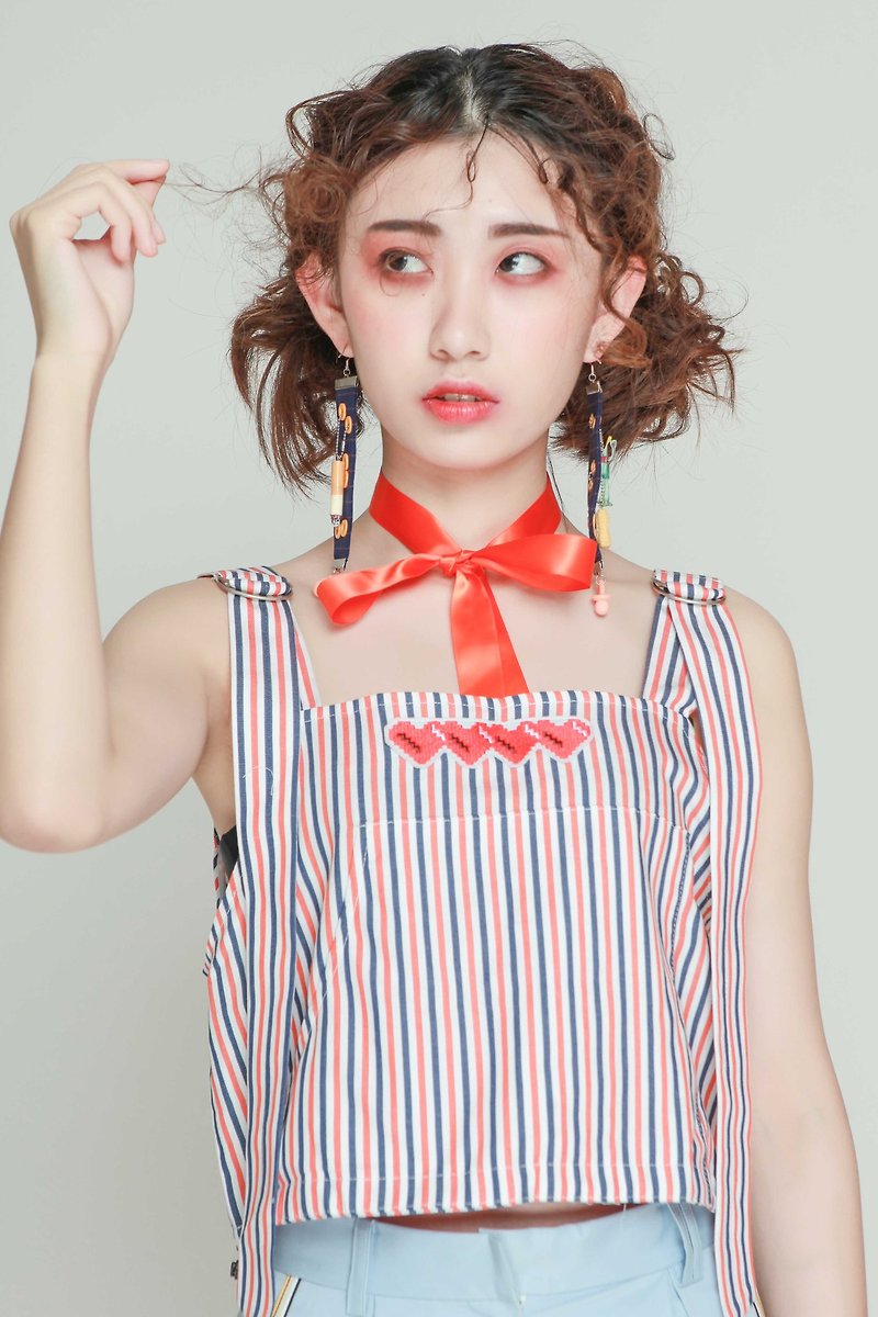 Summer adjustable strap embroidery waist drawstring cotton striped short camisole - เสื้อกั๊กผู้หญิง - ผ้าฝ้าย/ผ้าลินิน หลากหลายสี