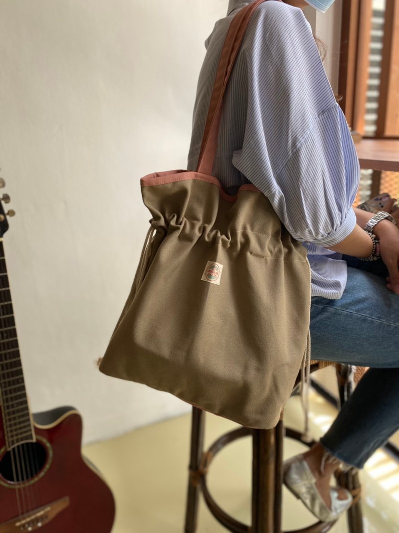 Khaki Canvas Ruffle Tote bag / drawstring bag - Handbags & Totes - Cotton & Hemp Khaki