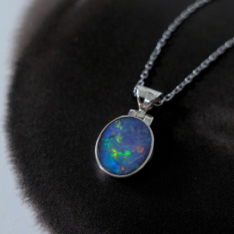 Australian natural boulder-backed opal, soft, colorful and sparkling, handmade custom-made sterling silver necklace gift - Necklaces - Sterling Silver Multicolor