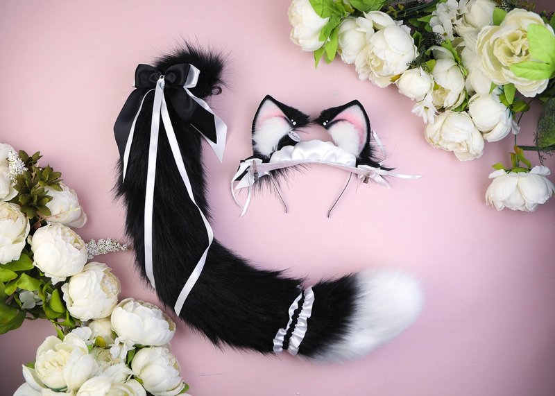 Maid Kitten Ears and Tail Set Faux Fur Ears and Tail Set - 髮圈/髮夾 - 其他人造纖維 黑色