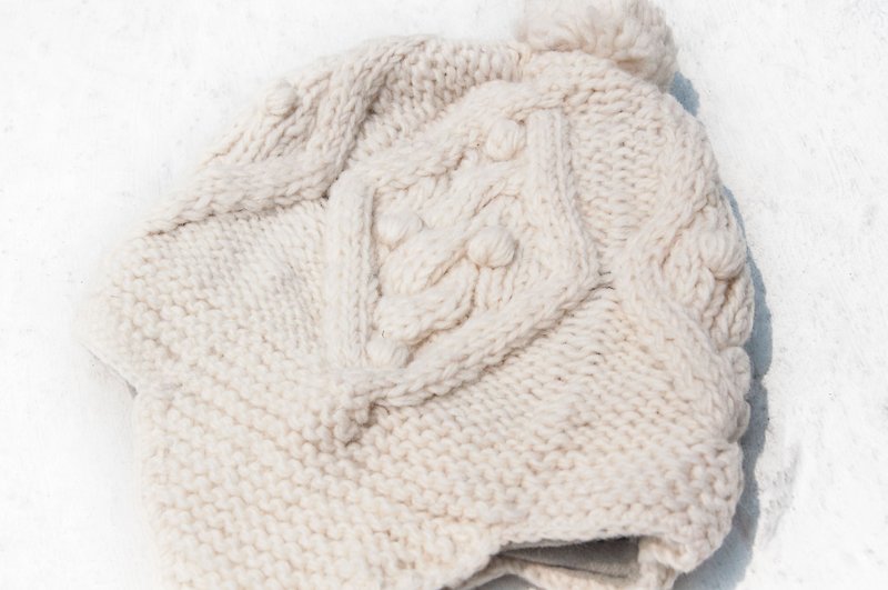 Knitted pure wool cap / handmade inner brush cap / knitted cap / flying cap / wool cap - white snow - Hats & Caps - Wool White