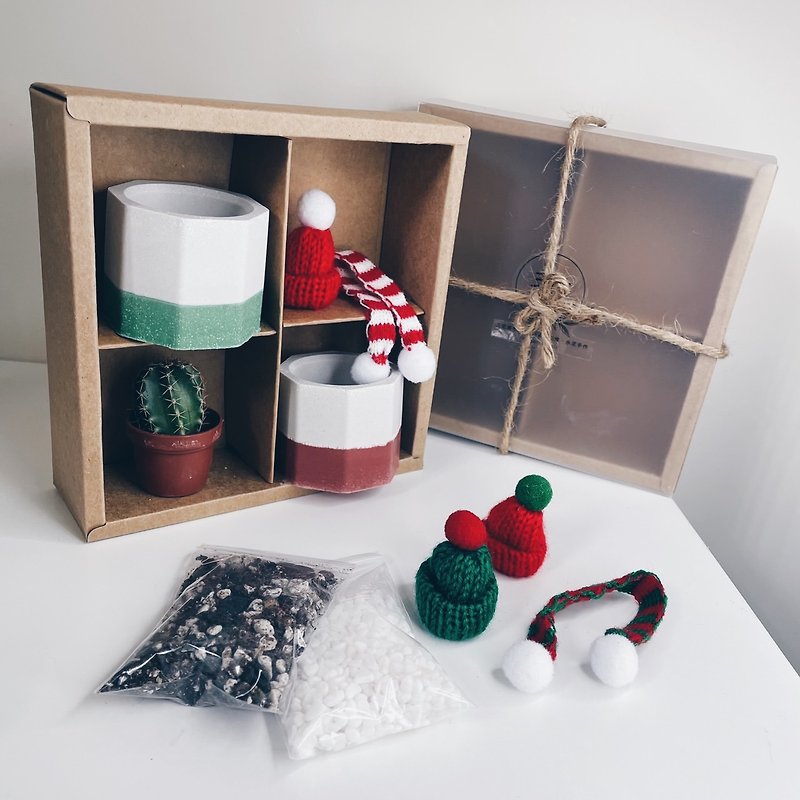 Cement potted plant Christmas gift box DIY set/Exchange gift/Christmas gift - จัดดอกไม้/ต้นไม้ - ปูน สีแดง