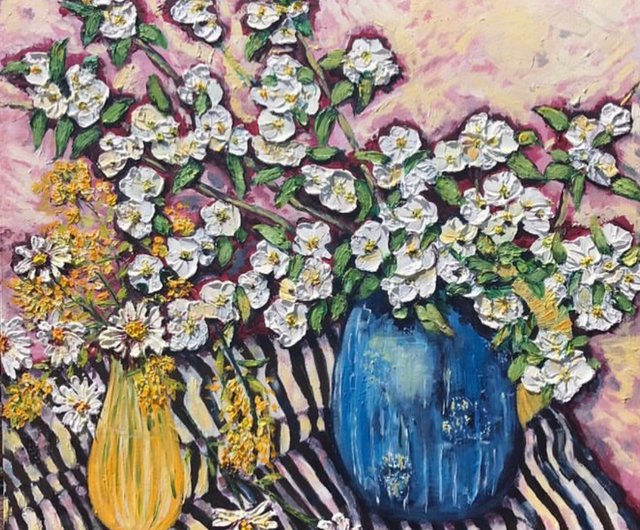 ジャスミン油絵 キャンバス上のオリジナル油絵 鮮花花束 花の