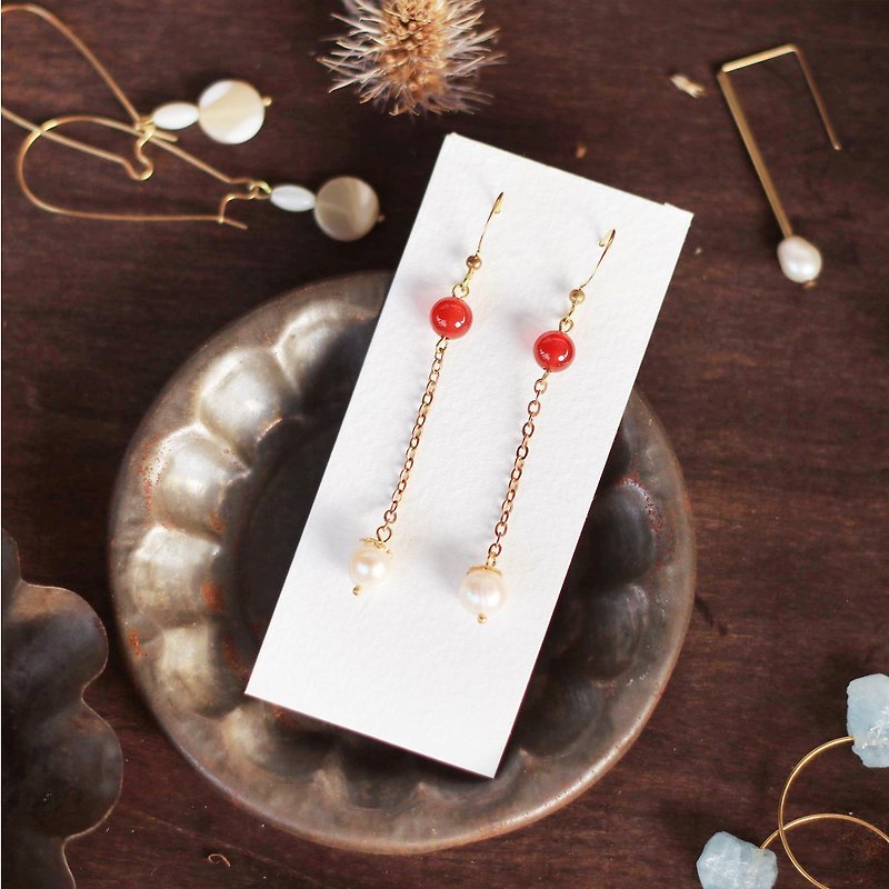 Natural Stone Geometric Brass Series Dangle Earrings - Night Paris - Earrings & Clip-ons - Pearl Red
