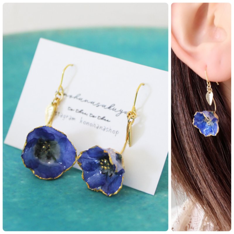 Real flower pierce/earrings #124,christmas gift,wedding,party,new year - 耳環/耳夾/耳骨夾 - 植物．花 藍色