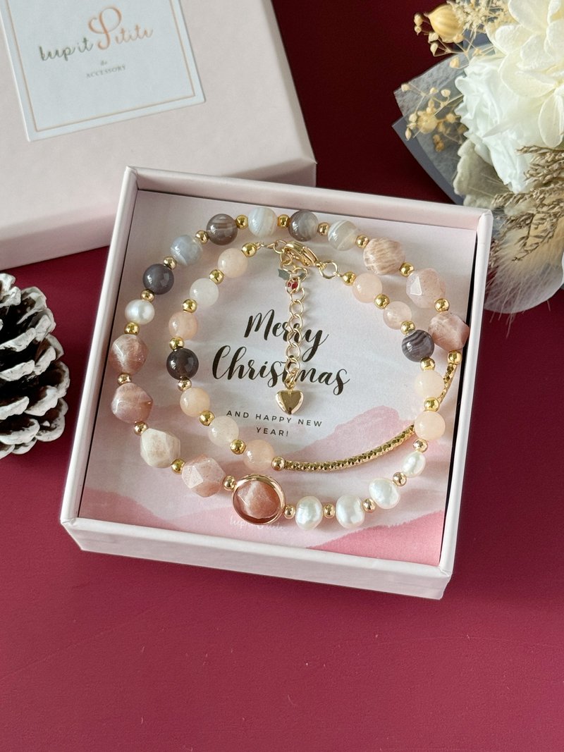 Christmas Gift Box Positive Energy Healing Orange Moonstone Pearl Persian Gulf Agate Red Aventurine Bracelet - สร้อยข้อมือ - คริสตัล สีส้ม