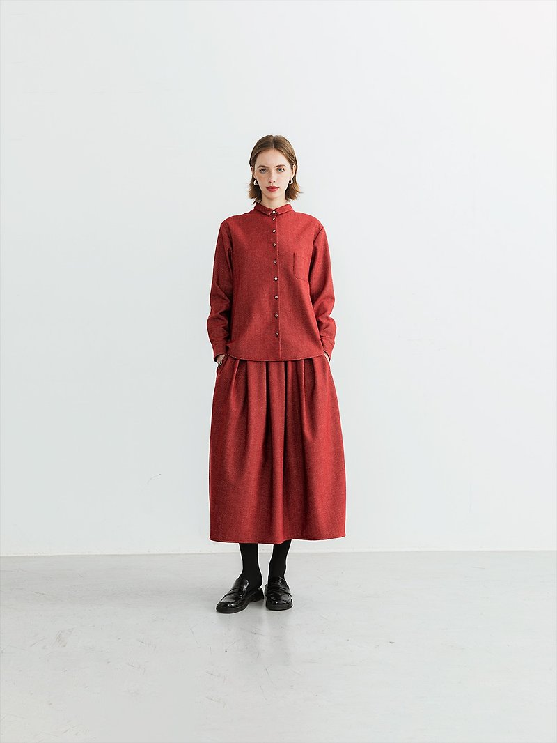 Red herringbone wool-blend shirt - เสื้อเชิ้ตผู้หญิง - ขนแกะ สีแดง