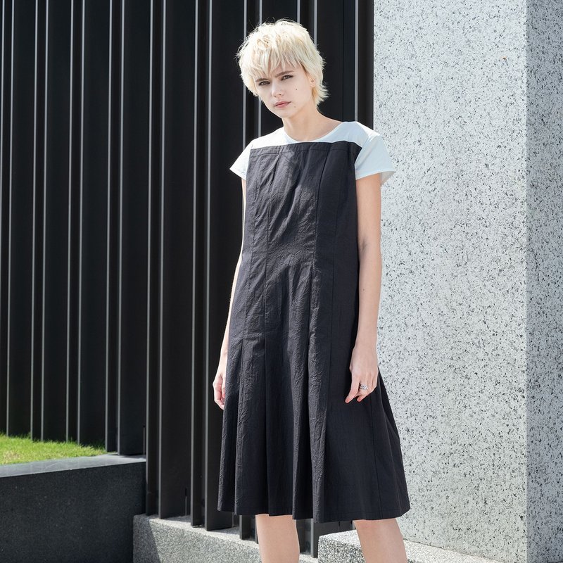 Black and white wide pleated dress - ชุดเดรส - ผ้าฝ้าย/ผ้าลินิน สีดำ