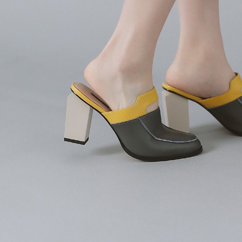 Vintage sneakers slippers type leather thick high heels gray yellow - รองเท้าส้นสูง - หนังแท้ สีเทา