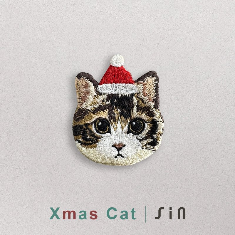單卡聖誕小貓-刺繡貼紙-三花米克斯貓貓(XHC0006) - 貼紙 - 繡線 紅色