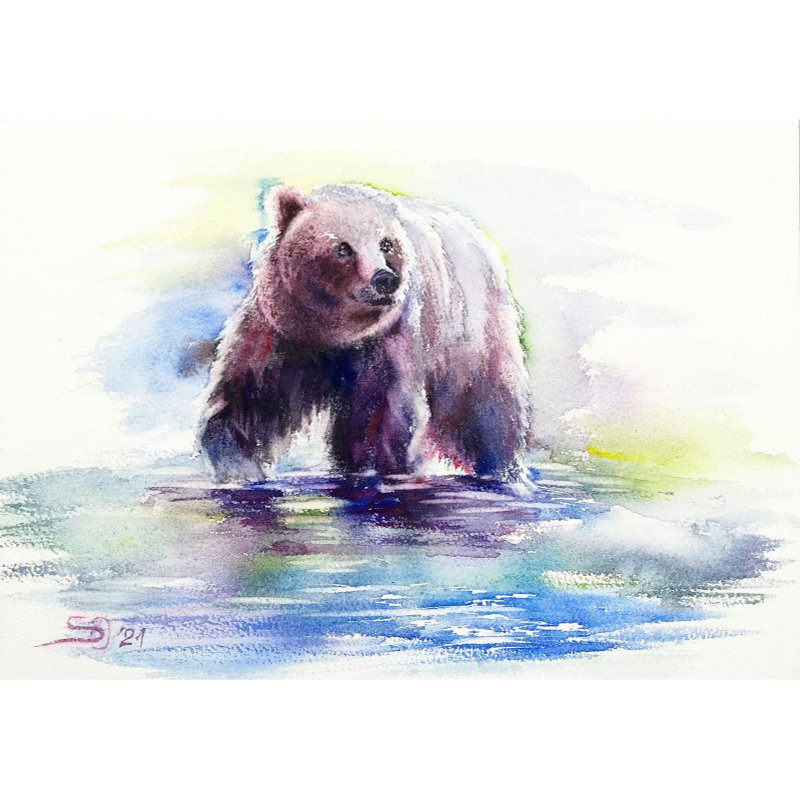 Bear Painting Animal Original Art Black Bear Wall Art Grizzly California Artwork - 海報/掛畫/掛布 - 紙 多色